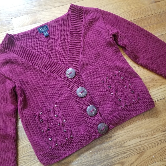 Pure Handknit Big Button M/L Bead Vneck Dark Fuscia Cotton Knit Cardigan Sweater - Picture 2 of 11